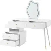 OKWISH Toilettafel – Make-Uptafel Met Spiegel – 4 Lades + 1 Open Vak – Met 3-standen LED Touch – 140x40x130 cm – Spaanplaat Wit