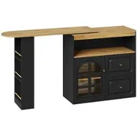 OKWISH Dressoir – 360° Draaibaar – Telescoop Uitschuifbaar 138-204x39x104 cm – 2 Lades – Boogglasdeur Met Verstelbare Planken – 3-Traps Snackrek Zijkant – MDF Zwart