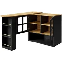 OKWISH Dressoir Staande Kast – 360° Draaibaar En Uittrekbaar 138-204x39x102,5 cm – 2 Glazen Deuren – Verstelbare Legplanken – MDF Zwart
