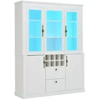 OKWISH Vitrinekast – 2 Laden 4 Deuren 8 Wijnrekken – 130x37,5x170,5 cm – Wit Spaanplaat En Glas – Met LED-Verlichting En USB-C – Opbergruimte