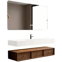 360Home Elegant badkamer set – Wit wastafelblad van sintrosten met bruine kast, LED-spiegel met anti-condensfunctie en 3 ruime lades. Afmetingen: 140 x 55 cm. 【YTC805-140】