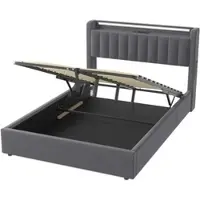 OKWISH Bed 140x200 - Tweepersoonsbed met LED Verlichting en Opbergruimte - Stoffen Bedframe - Donkergrijs