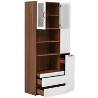 OKWISH Buffetkast – Verstelbare Planken En 2 Lades – Met Uittrekbaar Rek En Ribbelglas – MDF Wit Walnoot – 100×40×200 cm
