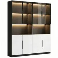 OKWISH Vitrine – Modern – 160x30x200 cm – 2 Deuren + Open Vakken – Instelbare LED Verlichting App – Aluminium Frame Wit+Zwart – Spaanplaat