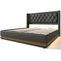 OKWISH Gestoffeerd Bed Tweepersoonsbedden - 140x200 cm - Modern Opbergbed Met Hydraulisch Systeem, LED Verlichting En USB Type C Hoofdbord - PU - Zwart