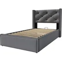 OKWISH Gestoffeerd Bed 90x200cm - Hydraulisch Opklapbare Lattenbodem Met Opbergruimte - Retro Katoen Gestoffeerd - Grijs - Zonder matras