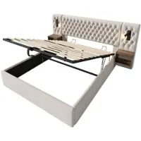 OKWISH Gestoffeerd Bed 160x200 cm - Hydraulisch Opbergbed Met Leeslamp En USB/Type-C - 2 Nachtkastjes - Fluweel Retro - Beige - Zonder Matras