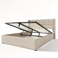 OKWISH Tweepersoonsbedden 140x200 cm - Opbergbed Met Hydraulische Mechanisme En Lattenbodem - Gestoffeerd Bed Voor Slaapkamer Opbergruimte - Linnen - Beige