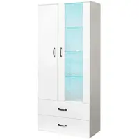 OKWISH Vitrinekast – Hoog Dressoir – Bluetooth LED 16 Kleuren Met App Afstandsbediening – 59,5x35x182 cm – 2 Deuren 2 Lades – Modern Spaanplaat Wit