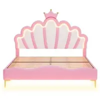OKWISH Tweepersoonsbedden 140x200 cm - Kinderbed Met LED Licht En Prinsessen Kroon Hoofdbord - Modern Ontwerp - MDF - Roze