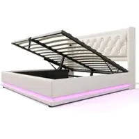 OKWISH Gestoffeerd Bed Tweepersoonsbedden - 140x200 cm - Modern Hydraulisch Opbergbed Met LED Verlichting Hoofdbord En USB Type C Lader - PU - Wit
