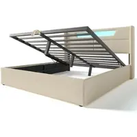 OKWISH Gestoffeerd Bed 140x200 Cm – Met Led Verlichting En Usb En Type C Oplaadpunt – Met Opbergruimte – Zonder Matras – Linnen – Beige