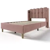 OKWISH Gestoffeerd Bed 90x200 cm - Tienerbed Met USB Oplaadfunctie - Fluweel - Roze (Geen Matras)