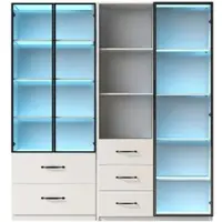 OKWISH Vitrinekast - Met Meerkleurige LED Verlichting En Lades - Voor Woonkamer Of Keuken - Spaanplaat Wit - 140x40x160 cm