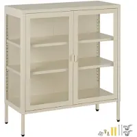 TecTake Metalen Vitrinekast - 80 x 37 x 90,5 cm - Glazen Deuren met Magneetsluiting - Industriële Lowboard Kast op Poten - Verstelbare Legplanken - Buffetkast - Vitrine Kastje - Crème