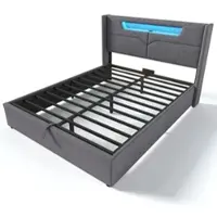 OKWISH Gestoffeerd Bed 140x200cm - LED Verlichting & USB Type-C Oplaadpunt - Met Opbergruimte Met Gasveer - Linnen Stijl - Grijs - Met matras