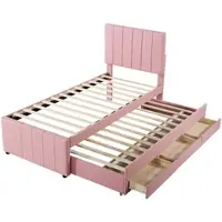 OKWISH Gestoffeerd Bed 90x200 Cm – Met Uitschuifbed En 3 Opberglades – Verstelbaar Hoofdbord – Zonder Matras – Linnenlook Roze