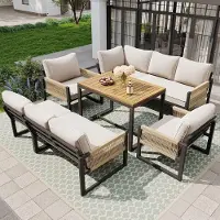 Laura Tuinmeubelset 7-8 Personen met Hoekbank en Tafel 95x63x65 cm – Modulaire Lounge Set met Touwdesign en Kussens – Weerbestendige Outdoor Loungeset voor Tuin, Balkon en Terras – Beige –
