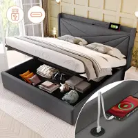 SINGULARITY -Gestoffeerd tweepersoonsbed met USB Type C hoofdbord- opbergbedden- bedframe van linnen materiaal- jeugdbed 160x200- zonder matras