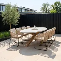 BUITEN living Livorno/Tulum Sahara Dust dining tuinset | 8 personen | betonlook + touw | 280cm ovaal - ovale tuintafel