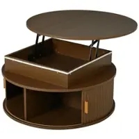 OKWISH Salontafel Rond Hoogte Verstelbaar Met Ledverlichting Voor Woonkamer Walnootkleur MDF 75x75x52 Cm Met Opbergruimte