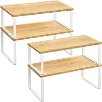 Songmics Kruidenrek set van 2 gemaakt van metaal en houtmaterialen, Wolkenwit + natuurlijk beige