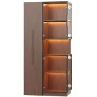 OKWISH Vitrinekast – LED En Uittrekbare Zijrekken – Woonkamer Eetkamer – MDF Glas Walnootbruin – 70x38x160 cm