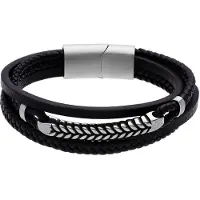 Lucardi - Heren Stainless steel herenarmband gevlochten leer zwart - Armband - Staal - Zwart - 21 cm
