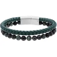 Lucardi - Heren Stainless steel kralenarmband groene jasper - Armband - Staal - Zilverkleurig - 19 cm