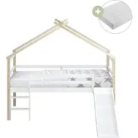 Sunny River Bedhuisje van Hout met Glijbaan, Bruin/Wit | Halfhoog Kinderbed / Halfhoogslaper Inclusief Hybrid Matras 90x200 | Volledige afmetingen (LxBxH): ca. 213 x 186 x 183 cm (inclusief Glijbaan)