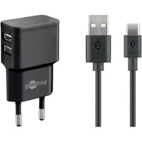 Pro USB-A thuislader met 2 poorten en losse USB-C kabel - 2,4A / zwart - 1 meter