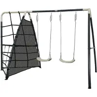 Axi Schommel set met frame van metaal in zwart & crème | Schommelset met dubbele schommel & klimnet | Schommel voor buiten / tuin