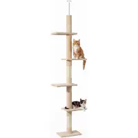 Fudajo kraboom, tot aan het plafond, 230–276 cm, beige. Kraboom voor katten met 4 niveaus, verstelbare hoogte, bevestiging aan het plafond. Kattenmeubel met sisal