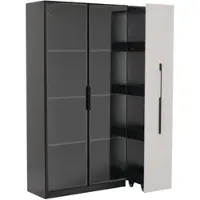 OKWISH Vitrinekast – 2-in-1 Boekenkast En Vitrine Met Uittrekbare Schuiflade – LED Verlichting – 110,5×35×160 cm – 50 kg Draagkracht – Modern MDF Zwart+Wit
