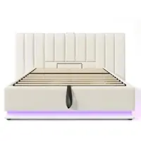 OKWISH Gestoffeerd Bed 160x200 cm - Modern Tweepersoonsbed Met App-Gestuurde LED En Multi-Device USB Oplaadfunctie - Inclusief Lattenbodem - Opbergbed - Metaal - Wit