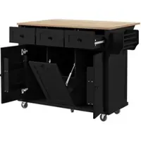 OKWISH Keukeneiland – Uitschuifbaar Werkblad En Afvalvak – 112×46.2-76.2×92.7 cm – MDF Zwart+Lichtbruin Met Laden En Zwenkwielen