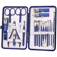 INF Diepblauwe 19-delige Nagelknipset, Professionele Manicure Set van Roestvrij Staal