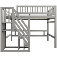 MODFU Massief houten bed 140x200 cm – grijs – met opbergtrap en hoog veiligheidshek – ruimtebesparend