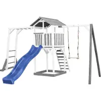 Axi Beach Tower Speeltoestel van hout in Grijs en Wit | Speeltoren met zandbak, klimrek, schommel en blauwe Glijbaan | Speelhuis op palen voor de tuin