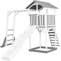 Axi Beach Tower Speeltoestel van hout in Grijs en Wit | Speeltoren met zandbak, klimrek en witte Glijbaan | Speelhuis op palen voor de tuin