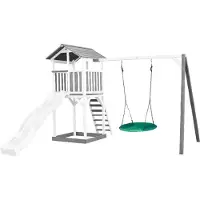Axi Beach Tower Speeltoestel van hout in Grijs en Wit | Speeltoren met zandbak, nestschommel en witte Glijbaan | Speelhuis op palen voor de tuin