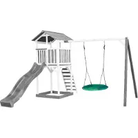Axi Beach Tower Speeltoestel van hout in Grijs en Wit | Speeltoren met zandbak, nestschommel en grijze Glijbaan | Speelhuis op palen voor de tuin