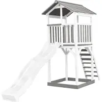 Axi Beach Tower Speeltoestel van hout in Grijs & Wit | Speeltoren met zandbak en witte Glijbaan | Speelhuis op palen voor de tuin