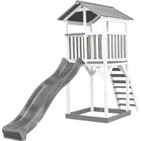 Axi Beach Tower Speeltoestel van hout in Grijs & Wit | Speeltoren met zandbak en grijze Glijbaan | Speelhuis op palen voor de tuin