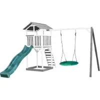 Axi Beach Tower Speeltoestel van hout in Grijs en Wit | Speeltoren met zandbak, nestschommel en groene Glijbaan | Speelhuis op palen voor de tuin