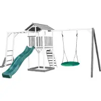 Axi Beach Tower Speeltoestel van hout in Grijs en Wit | Speeltoren met zandbak, klimrek, nestschommel en groene Glijbaan | Speelhuis op palen voor de tuin
