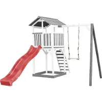 Axi Beach Tower Speeltoestel van hout in Grijs en Wit | Speeltoren met zandbak, schommel en rode Glijbaan | Speelhuis op palen voor de tuin