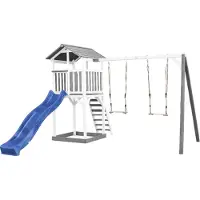 Axi Beach Tower Speeltoestel van hout in Grijs en Wit | Speeltoren met zandbak, dubbele schommel en blauwe Glijbaan | Speelhuis op palen voor de tuin