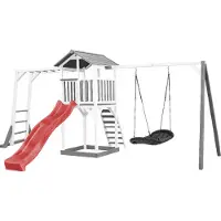 Axi Beach Tower Speeltoestel van hout in Grijs en Wit | Speeltoren met zandbak, klimrek, nestschommel en rode Glijbaan | Speelhuis op palen voor de tuin
