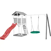Axi Beach Tower Speeltoestel van hout in Grijs en Wit | Speeltoren met zandbak, nestschommel en rode Glijbaan | Speelhuis op palen voor de tuin